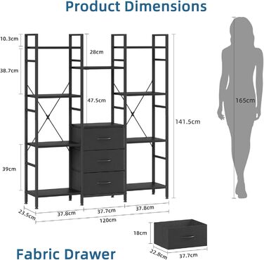 Стильна полиця-стеллаж з 4 висувними ящиками з тканини, 142 см, чорний колір. Ідеально для вітальні, офісу, кухні, балкону. Книжкова полиця, стелаж-куб, полиця для зберігання.