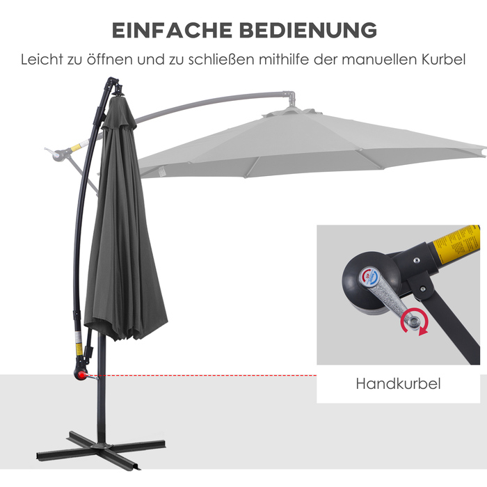 Парасолька Outsunny Parasol Crank зі сталевим каркасом і поліефірною тканиною сірий Ø2,95x2,45 м для саду, патіо, балкона