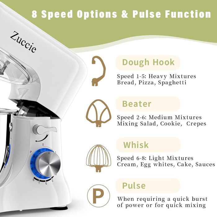 Кухонна машина Zuccie з тихою роботою, місткістю 5л, з нержавіючою чашею, 3 насадки, сплітц-захист, скребок для тіста та роздільник яєць, 8+ швидкостей.