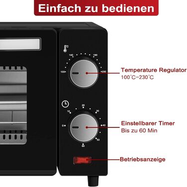 Міні-піч Wannyton 10L: піч для піци, випічки та хліба, 650W, 100-230°C, таймер, решітка, деко, чорний