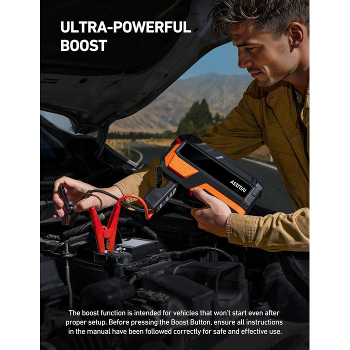 AstroAI MF16 Powerbank для запуску авто з компресором 150 PSI, 6000A, для 12V авто, мотоциклів, SUV, з LED-дисплеєм, помаранчевий