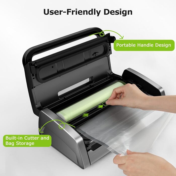 Вакууматор Bonsenkitchen для продуктів, потужний вакуумний пакувальник 15л/хв, з інтегрованим різаком та ручкою-фіксатором, чорний (комплект з 100 пакетами)