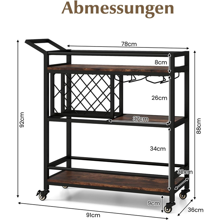 Візок для сервірування GOPLUS 3 яруси, кухонний візок з полицею для пляшок, тримачем для скла та коліщатками, сільський коричневий