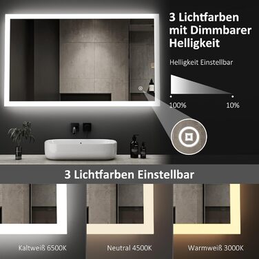 LED дзеркало для ванної кімнати Boromal 100x60 см з підсвічуванням, 3 кольори світла, диммування, сенсорне управління