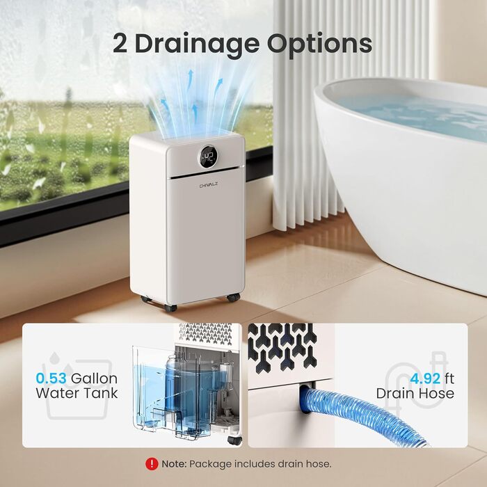 Електричний осушувач повітря CHIVALZ 12л/24г для приміщень до 120м³ (30м²), 3 режими роботи, таймер 24г, автоматична відтавлювання (білий)