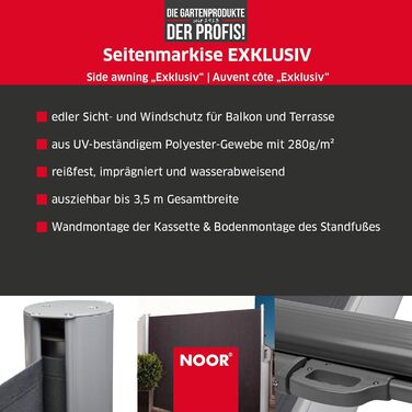 Сонцезахисна бічна маркіза NOOR EXKLUSIV 100x350 см, антрацит, непрозорий вітрозахист для балкона, тераси та саду, висувний, водовідштовхувальний, з кріпленнями