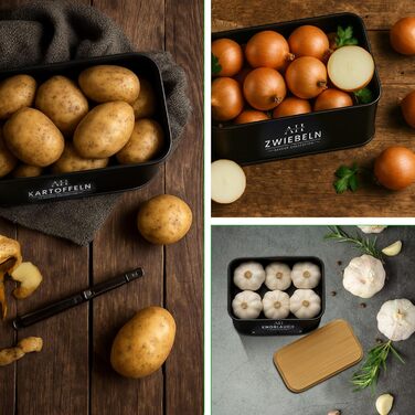 Набір коробок для зберігання картоплі та овочів AH® (4 шт.) з щіткою для овочів. Підходить для зберігання картоплі, цибулі та інших овочів. Чорний колір, преміум-якість.