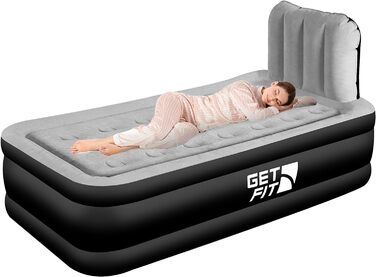 Надувне ліжко Get Fit з вбудованим електричним насосом - 99x196 см Premium Single Air Bed - Надувне ліжко з узголів'ям і безкоштовною надувною подушкою - Підняте надувне для кемпінгу односпальне - 99x196 см Чорний/Сірий