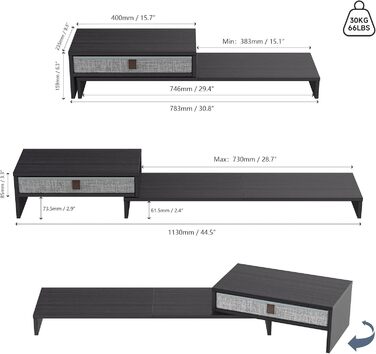 Подвійна підставка для монітора з фенге з шухлядою, регулюється по довжині та куту, 78.3-113x23.5x7.3см, чорний