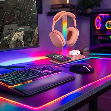 Підставка для навушників з бездротовим зарядним пристроєм, RGB-підсвічування, сумісна з AirPods Max, iPhone, Samsung, ідеальний подарунок для геймерів (Золото)