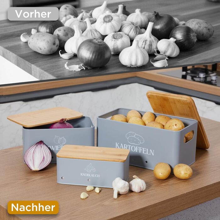 Набір контейнерів для зберігання овочів на кухні 3 шт. – для картоплі, цибулі та часнику з бамбуковими кришками – Набір для зберігання картоплі, цибулі та часнику сірого кольору