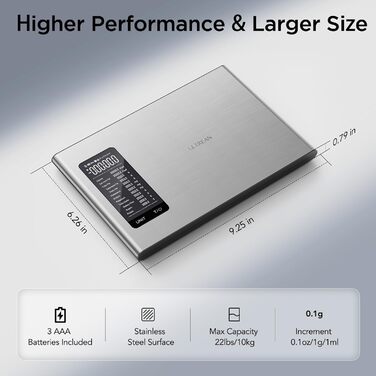 Ваги кухонні Ultrean з підрахунком поживних речовин та аналізом калорій, 20 поживних речовин, 10KG/0,01g, для дієти, фітнесу, приготування їжі та випічки, нержавіюча сталь (великий розмір)