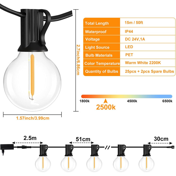 LED гірлянда для вулиці з пультом керування, 15м, G40, диммування, 4 режими, таймер, вологостійка, для саду, балкону, тераси, вечірки, кемпінгу, весілля