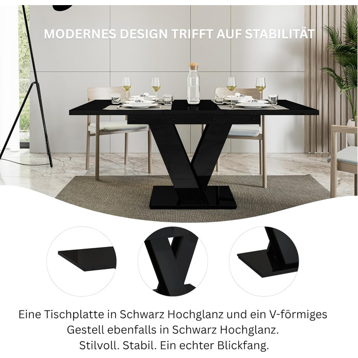 PROROOM FURNITURE Розсувний кухонний стіл Malvi – чорний глянцевий стіл 120-160 см для 4-6 осіб | Легка збірка | Для їдальні та кухні