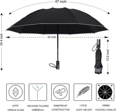 Задні парасольки FATONESA для дощу Вітрозахисно-інвертовані компактні складні автоматичні світловідбиваючі смуги безпеки, UPF 50 99 захист від ультрафіолету портативний 47-дюймовий парасольку 10 їзд, чорний