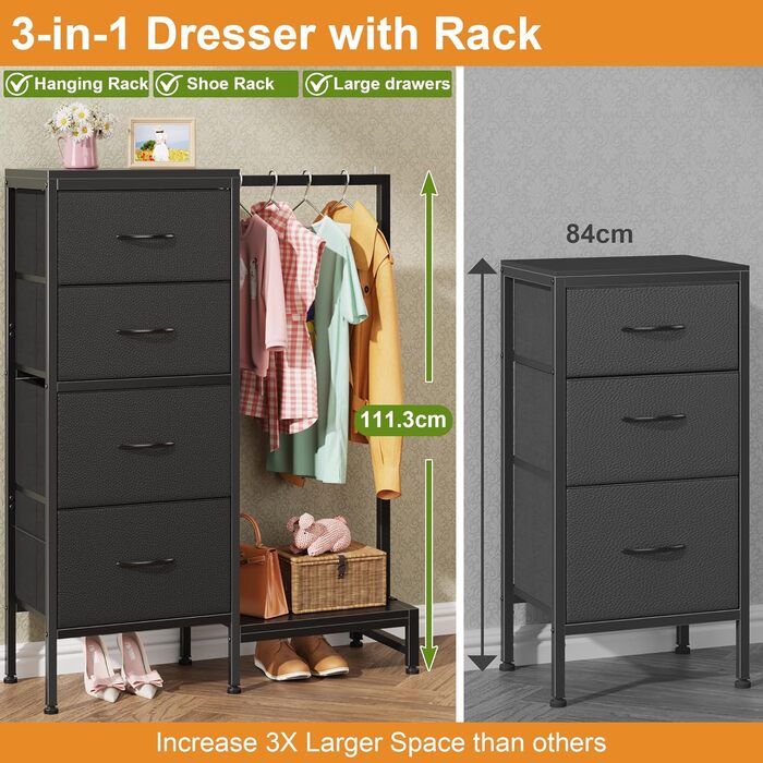 Комод 111 см з 4 висувними ящиками з тканини, шафа для одягу, комод для спальні, вітальні, коридору, чорний (30T x 76.5B x 111H см)