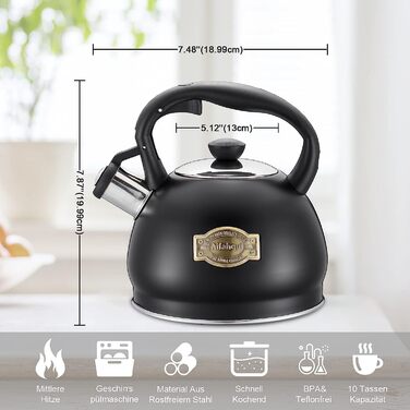 Чайник для води 2,2 л-індукційний і газовий чайник-силіконова ручка для захисту від опіків-Автоматичний відкривається чайник з канавкою і свистячим звуком чорного кольору