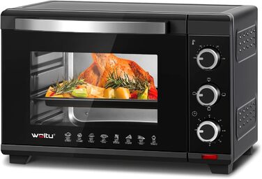 Міні-піч WOLTU 28 л, піч для піци 1600 Вт, 100-230 °C, таймер 0-60 хв, 3 режими нагріву, з деко, решіткою, підсвічуванням крихт, підйомником решітки, чорна