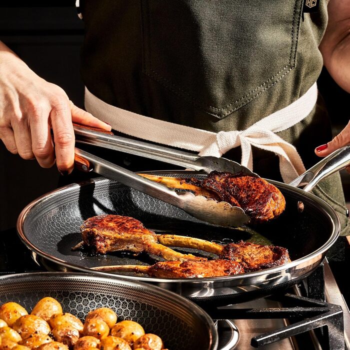 Сковорода HexClad 25 см з нержавіючої сталі, гібридна, з антипригарним покриттям, без PFOA, для плити та духовки, з холодною ручкою