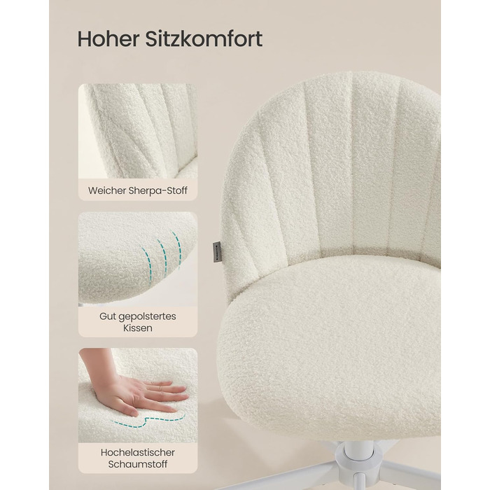 Крісло SONGMICS для дому та офісу, крісло для макіяжу з флісу, регульоване по висоті, для робочого кабінету, спальні, гардеробної, кремово-біле, OBG027WD01