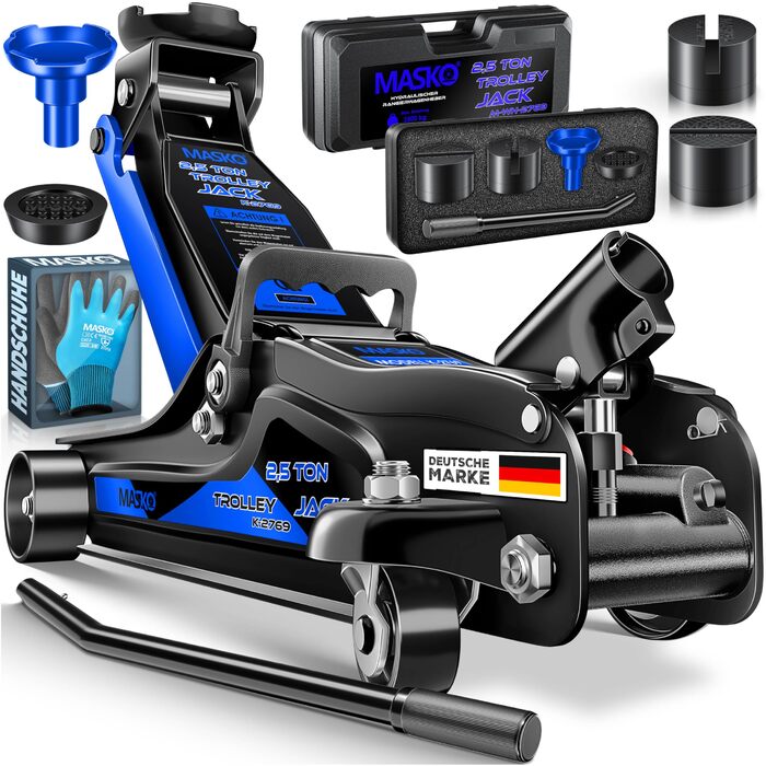 Гідравлічний домкрат MASKO 3T з низьким профілем (85-460 мм) для авто, SUV. З гумовими накладками, роликами 360°, рукавичками. Підставка для ремонту, синій.