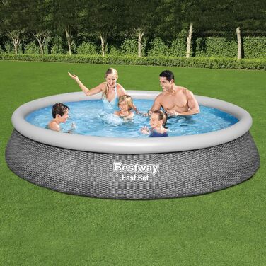 Надувний басейн Bestway Fast Set 396x84 см, круглий, сірий ратан, з фільтр-насосом