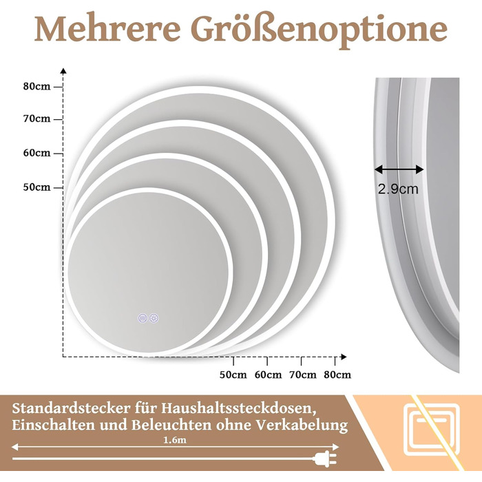 Дзеркало для ванної кімнати кругле LED з підсвічуванням 60 см, IP44. Кругле дзеркало з LED підсвічуванням для ванної кімнати, сенсорне керування, 60x60 см