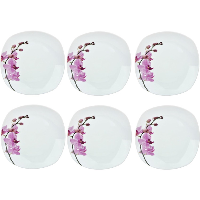 Набір обідніх тарілок Birsppy Van Well з 6 обідніх тарілок Kyoto, 250 x 250 мм, тарілки меню, великі обідні тарілки, сервірувальні тарілки, порцеляновий посуд, квітковий декор Орхідея, рожево-червоний, рожевий