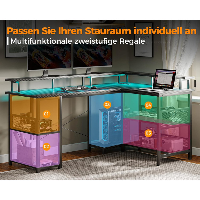 Ігровий стіл ODK з LED-підсвічуванням, 150x102 см, з 2 розетками та 2 USB-портами, кутовий, з підставкою для роутера, карбон, чорний