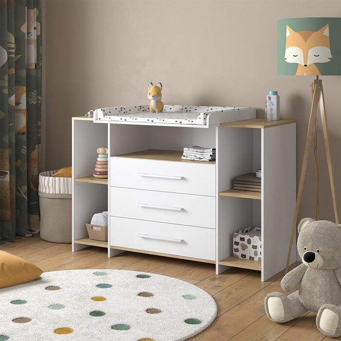 Комод-ліжечко Vicco Oskar з пеленальним столиком, сірий, 143 x 100 см XL з ящиками, білий/сірий (білий/золотий дуб)