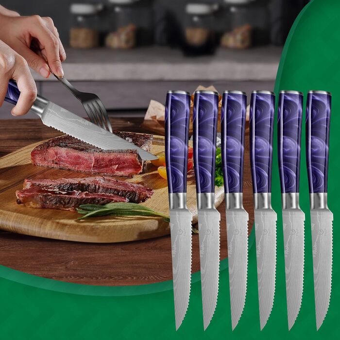 Набір кухонних ножів Fullhi 14 предметів з бруском та чохлом, набір кухонних ножів для приготування стейків, кольорова ручка (фіолетовий смоляний)
