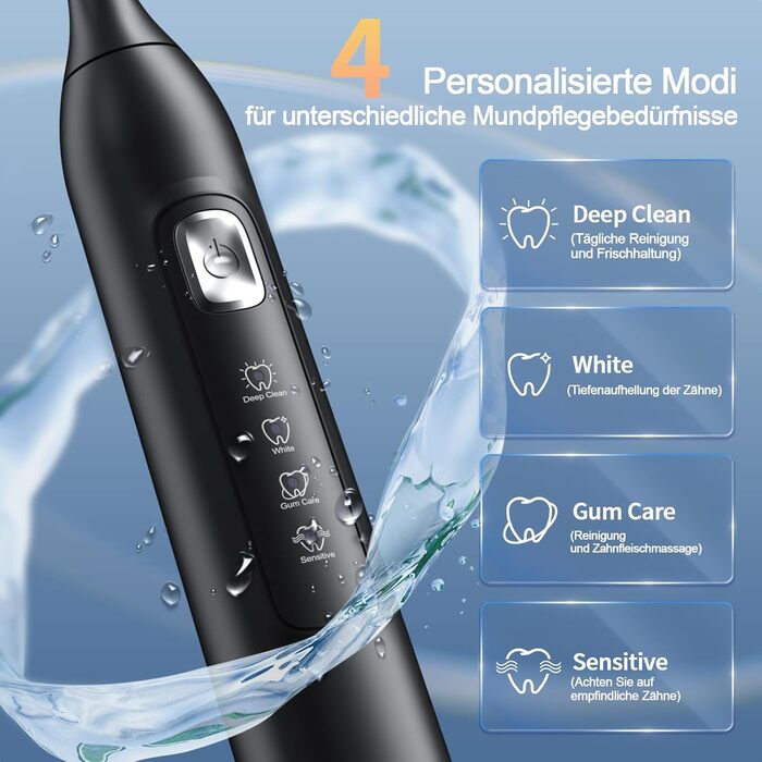 Електрична звукова зубна щітка Y05 2025 з 4 режимами, 42000 VPM, 6 насадок, 120 днів роботи, IPX7, таймер 2 хв, чорна