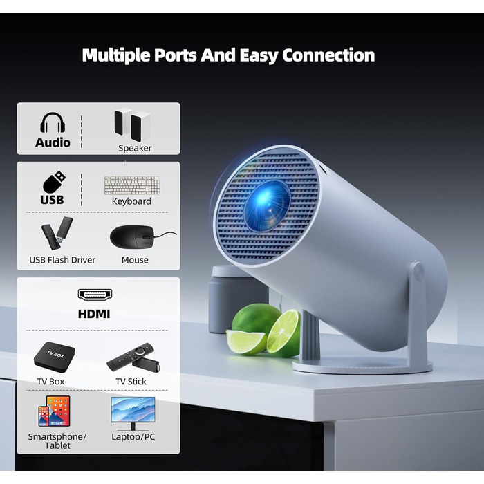 Портативний проєктор Mini Beamer 4K з WiFi6, Bluetooth 5.0 та Android 11.0. Підтримка HDMI, USB, Laptop для домашнього кінотеатру. Автоматичне вирівнювання зображення