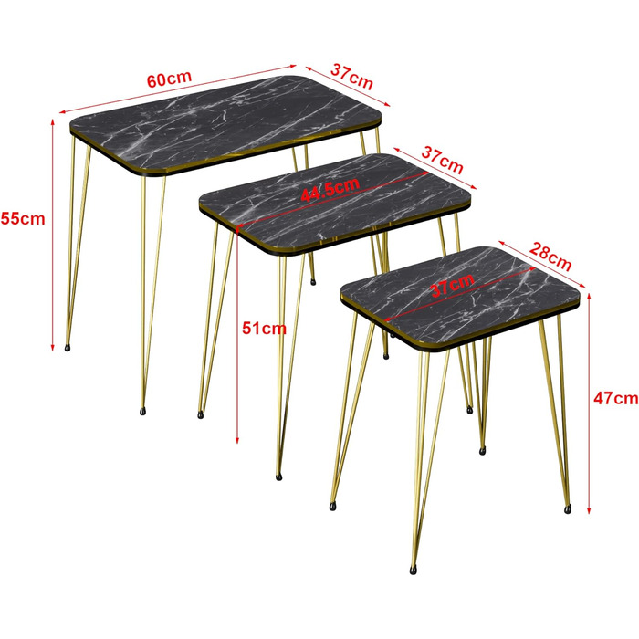 Набір приставних столів Rudkøbing Набір гніздових столів з 3 столів для вітальні з чорним мармуром Стіл для вітальні з квадратною верхньою шпилькою Металевий золотий тон Диванний стіл мармуровий, чорний / золотий