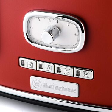 Ретро-тостер Westinghouse 4 скибочки, знімна насадка для булочки, 6 рівнів підрум'янювання, центрування хліба, розморожування, функція розігріву та зупинки, світловий індикатор, висувний лоток для крихт, (червоний)