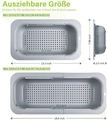 И Висувне сито для раковини (34,5-48 см), сито для раковини, без вмісту бісфенолу (сіре), 2 шт.