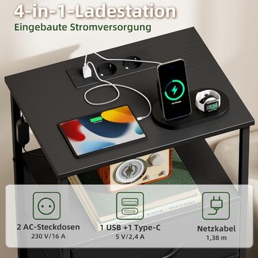 Нічний столик Somdot з підзарядкою, LED, розеткою (USB, Type-C) для спальні, вітальні, дитячої кімнати, чорний, 30x40x60/72 см (2/3 ящики)