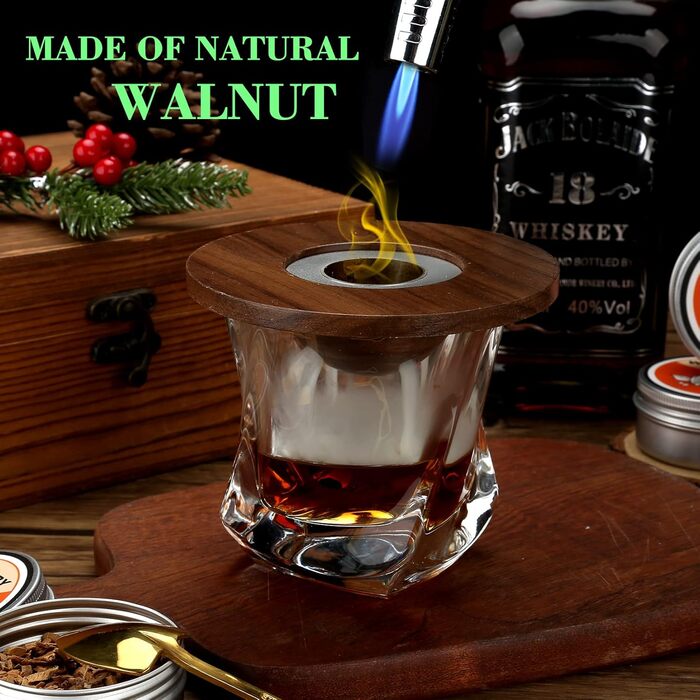 Набір для копчення коктейлів та віскі, з 4 дерев'яними стружками, подарунок на День батька, для Old Fashioned, коктейлів, віскі, бурбону, кави, м'яса, горіхів Saturn - горіх