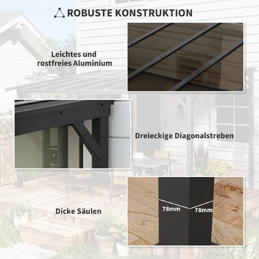 Металева пергола 3x3 м з водонепроникним дахом, вільно стояча, стійка до вітру, захищена від УФ-випромінювання, темно-сірого кольору