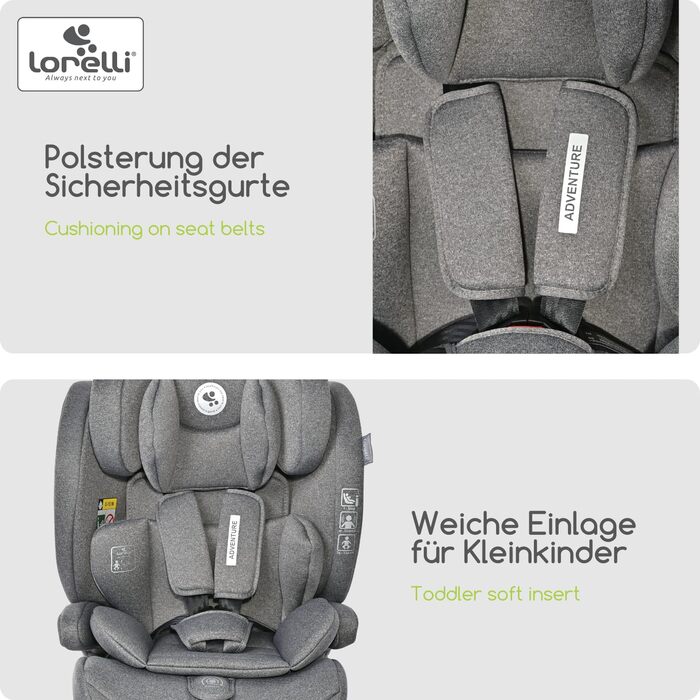Автокрісло Lorelli Adventure i-Size 9-36кг, сіре - з регульованою підголівником та 5-точковим ременем безпеки