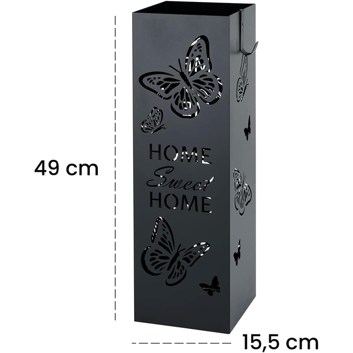 Сучасний дизайн металева підставка для парасольок з метеликами, 2 гачками та знімною дощовиком, 15.5x15.5x49 см (Чорний)