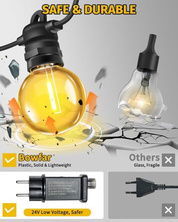 Ланцюжок прикрас для зовнішнього використання, 10м, G40 лампочки. Водостійкий (IP68), диммування, з пультом ДУ. Ідеально для балкона, павільйону, саду, тераси, вечірки, весілля.