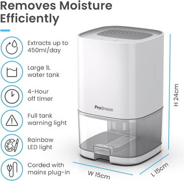 Електричний осушувач повітря Pro Breeze 1000 мл з таймером та нічником - для ванної, спальні, шафи та підвалу. Білий