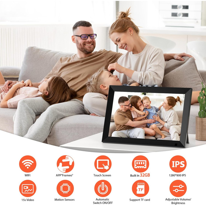 Цифровий фоторамка GGUA WiFi 10.1 дюйма з сенсорним екраном IPS, 32GB, автоматичне обертання, Frameo App, чорний