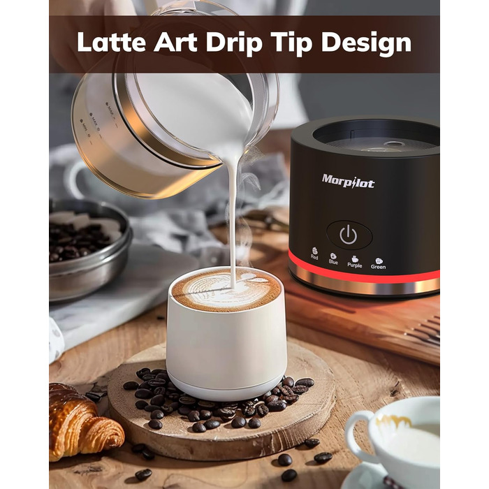 Електричний піноутворювач для молока Morpilot, 130-500 мл, 600 Вт, 4-в-1, для гарячого та холодного молока, миється в посудомийній машині, скляний, дизайн Latte, чорний