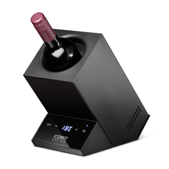 CASO WineCase One Black - Витримання вина: міні-холодильник для однієї пляшки, 5-18°C, діаметр до 9 см, сенсорне керування, чорне сталеве покриття
