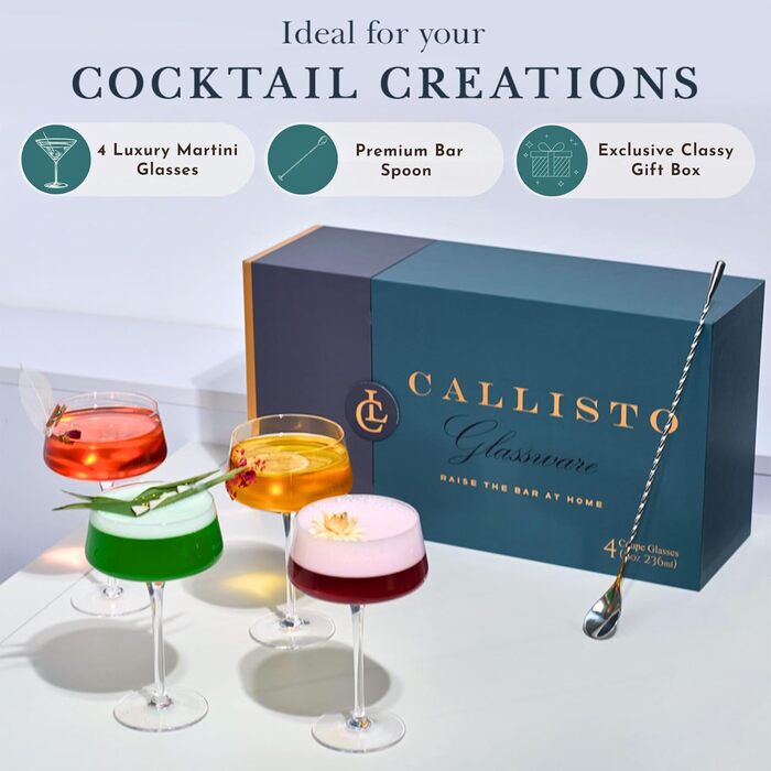 Набір келихів для мартини Callisto Glassware, 4 шт. з барними ложками, ручної витримки, кришталеві келихи Coupé для коктейлів, шампанського, мартини, мантхаттена, космополітену