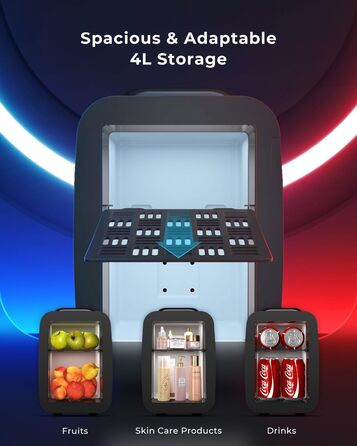 Міні-холодильник BEICHEN 4Л з RGB-підсвіткою, функція охолодження та підігріву 2в1, для напоїв, косметики та геймінгу, AC 220V/DC 12V (Чорний)