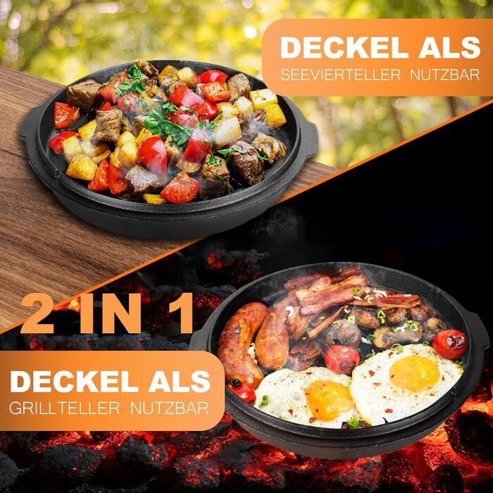 Нідерландський горщик (Dutch Oven), набір 9 літрів, чавунний горщик з кришкою-підйомником, 2-в-1, для приготування їжі на відкритому вогні та в приміщенні, чорний