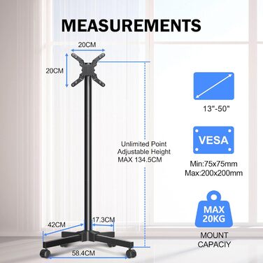 Підставка для телевізора XINLEI, телевізійна візок для телевізорів 13-50 дюймів, регульована висота, кут нахилу 30°, з колесами, VESA 200x200 мм, ML1350
